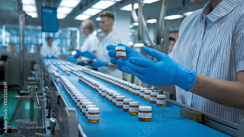 A pharmacist wearing hygienic gloves inspects medicine bottles on a conveyor belt at a pharmaceutical plant. An American woman inspects medicine bottles,