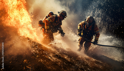 Illustrate the collaborative efforts of a firefighting team as they work together to combat a raging fire using water hoses design