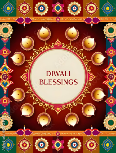 Diwali Blessings - Spiritual Frame with Diyas and Traditional Swastik Symbols for Festive Copy Space