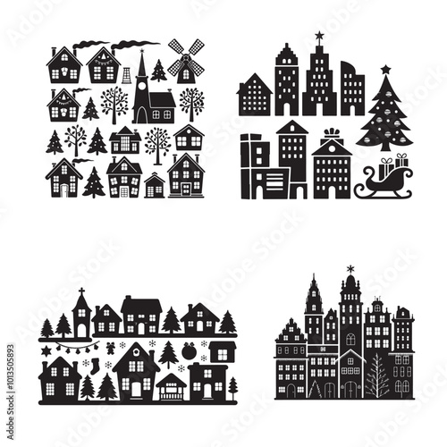 set of vector christmas village silhouette