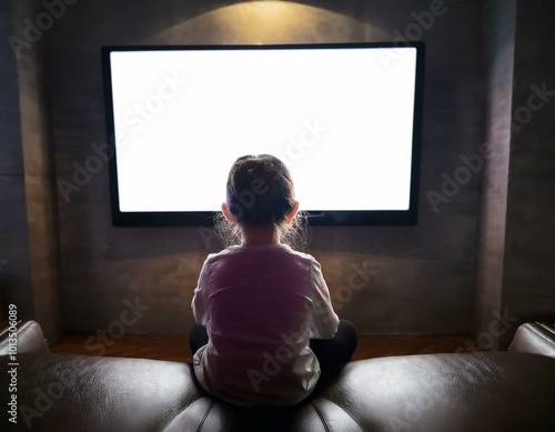 A young girl seen from behind, sitting on the floor and watching a flat white TV screen in a cozy living room, immersed in her favorite show - Generative AI photo