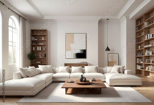 A modern, minimalist living room with a large white sectional sofa, a wooden coffee table, and built-in shelving units on the walls.