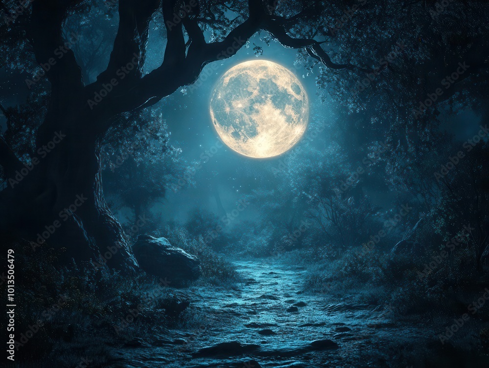 Fototapeta premium panoramic view of a dark eerie forest at night with crooked trees and a glowing full moon casting an enchanting yet spooky ambiance creating a sense of magic and mystery in a fairy tale world