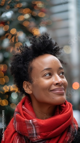 A beaming Black woman dressed warmly, embracing the spirit of Kwanzaa and the holiday cheer photo