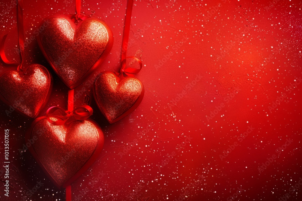 Fototapeta premium Glittery red heart-shaped decorations with ribbons on a red background with splattered white dots. Valentine's Day celebration theme with festive atmosphere. Generative AI