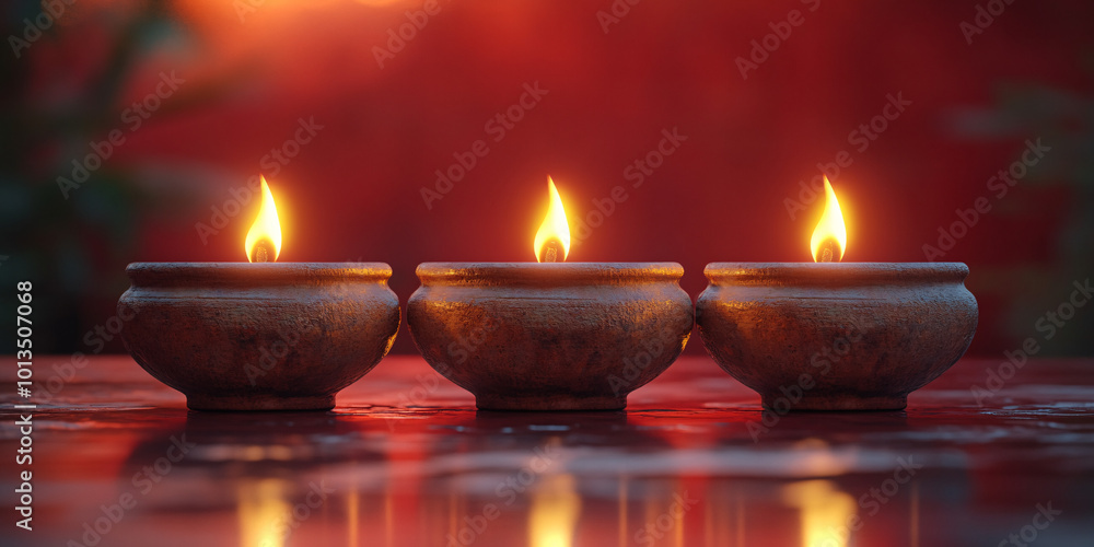 Celebration of Indian holiday Diwali with customary oil lanterns on a crimson backdrop, creating a serene and tranquil atmosphere. Celebration of Indian holiday Diwali with customary oil lanterns on a crimson backdrop, creating a serene and tranquil atmosphere.