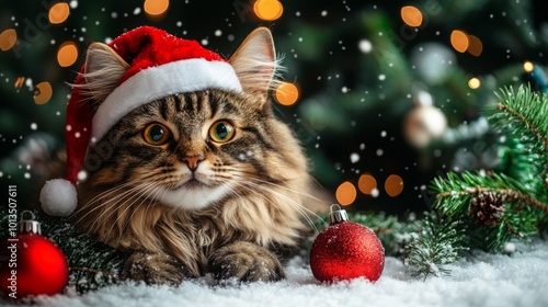 Cute cozy cat Christmas banner with copy space. Cute animal in Xmas costume. Funny portrait of pets. Winter season banner design with place for text.