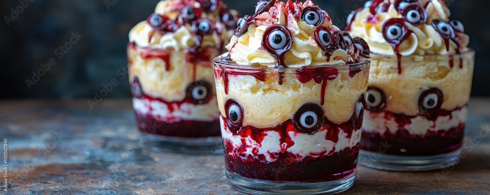 Fototapeta premium Candy eyeball trifle, layered dessert with bloody effect, Halloween eerie theme