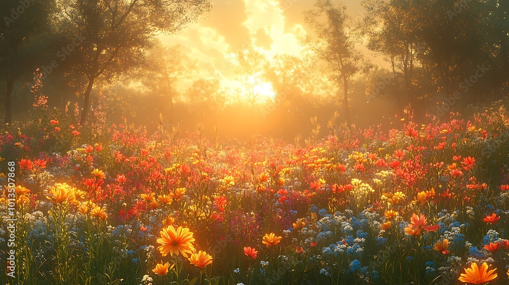 A vibrant field of wildflowers bathed in the golden light of sunrise. A vibrant field of wildflowers bathed in the golden light of sunrise.