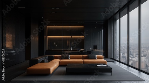 Modern Interior Design Featuring Black Office With Orange Leather Couch and City View