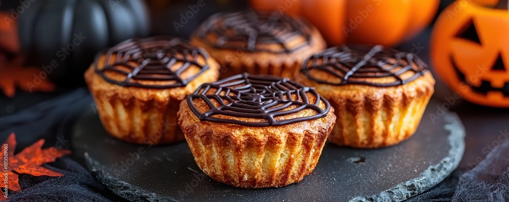 Delicious Halloween cupcakes decorated with chocolate webs, perfect for festive celebrations or spooky gatherings Delicious Halloween cupcakes decorated with chocolate webs, perfect for festive celebrations or spooky gatherings