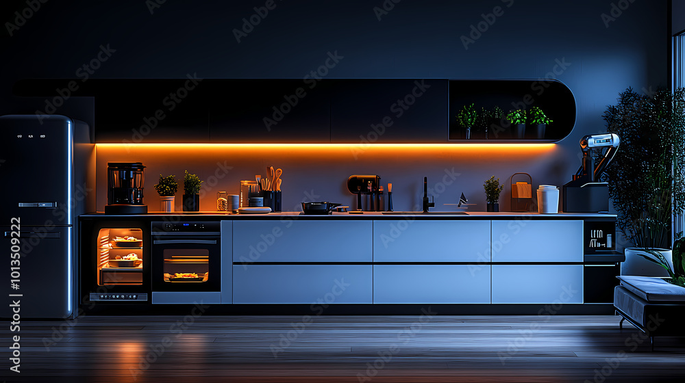A futuristic 3D kitchen scene featuring smart A futuristic 3D kitchen scene featuring smart