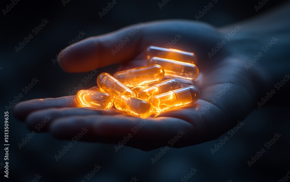 Glowing capsules resting in an outstretched hand, highlighting a revolutionary new medical treatment innovation Glowing capsules resting in an outstretched hand, highlighting a revolutionary new medical treatment innovation
