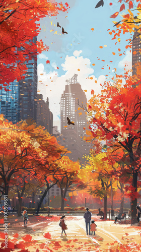 4K Fantasy Cityscape: Serene New York Park, Joyful People, Kids Playing, Autumn Leaves in Vibrant Colors, Anime-Style Cozy Vibe, Detailed Anime Art Wallpaper