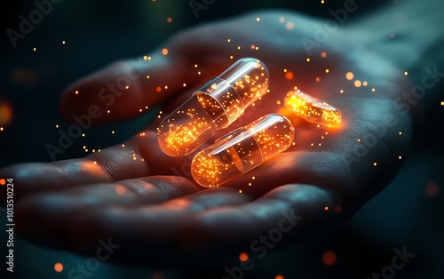 Glowing capsules resting in an outstretched hand, highlighting a revolutionary new medical treatment innovation photo