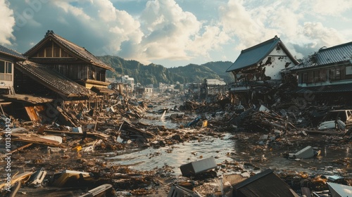 Devastated coastline after a tsunami, with debris and wrecked buildings scattered across the shoreline photo