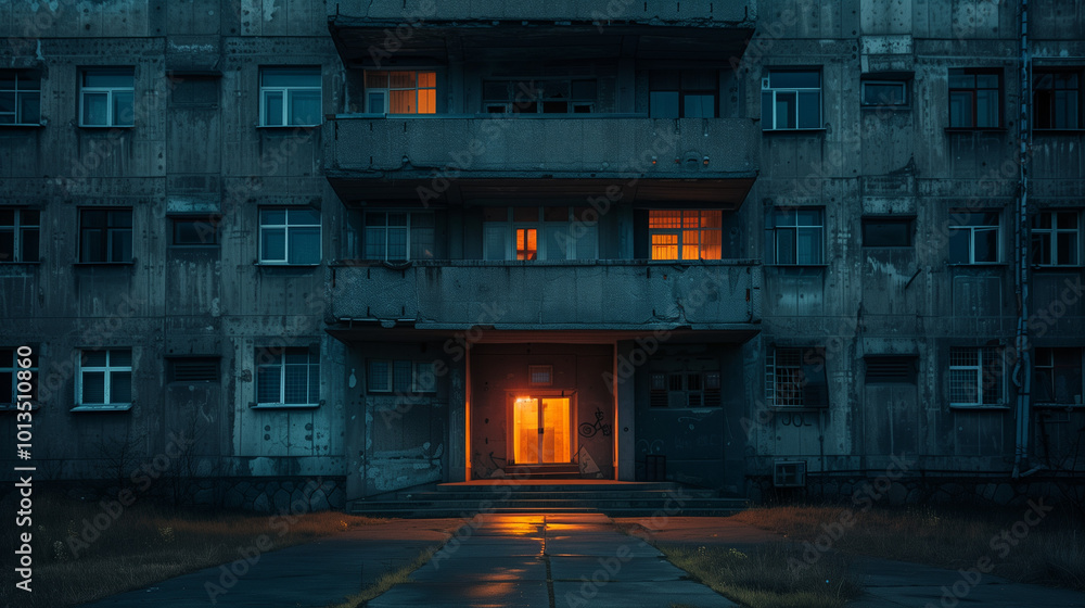 A dilapidated concrete building with glowing warm lights in windows, standing in a desolate urban setting at dusk