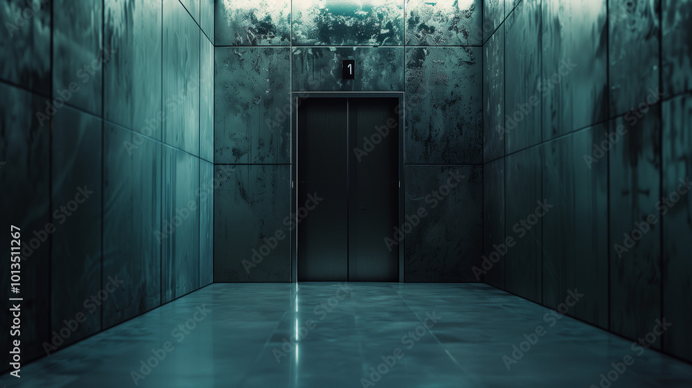 Obraz premium Dimly lit futuristic elevator in a metallic hallway, with reflective surfaces and an eerie, mysterious atmosphere