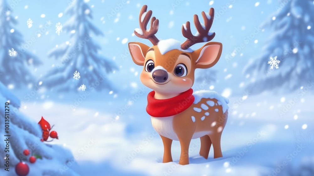 Fototapeta premium Adorable Cartoon Reindeer Wearing Red Scarf in Snowy Winter Wonderland Setting with Falling Snowflakes
