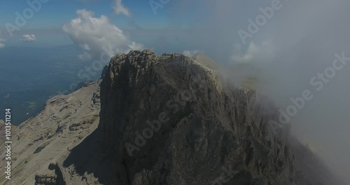 Top of Mount Olympus in Greece. Aerial panoramic view of the imposing highest peak of Mitikas and the wider area at Mount Olympus in Greece.