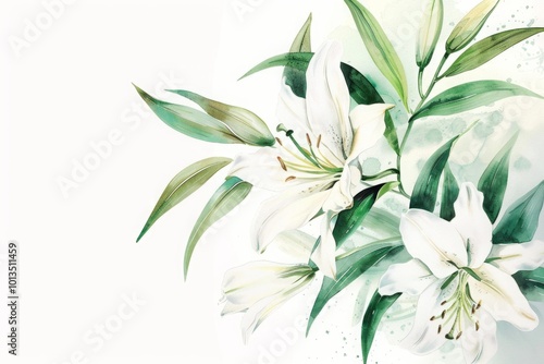Watercolor illustration of white lilies with green leaves on a light background. Floral artwork with delicate brushstrokes and botanical elements. Generative AI