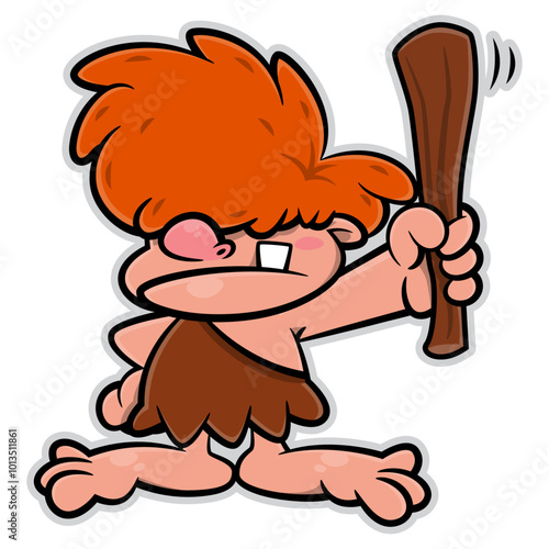 Little Caveman cartoon characters wearing leather clothes and carrying a club. Best for sticker, logo, and mascot with prehistoric themes for kids photo