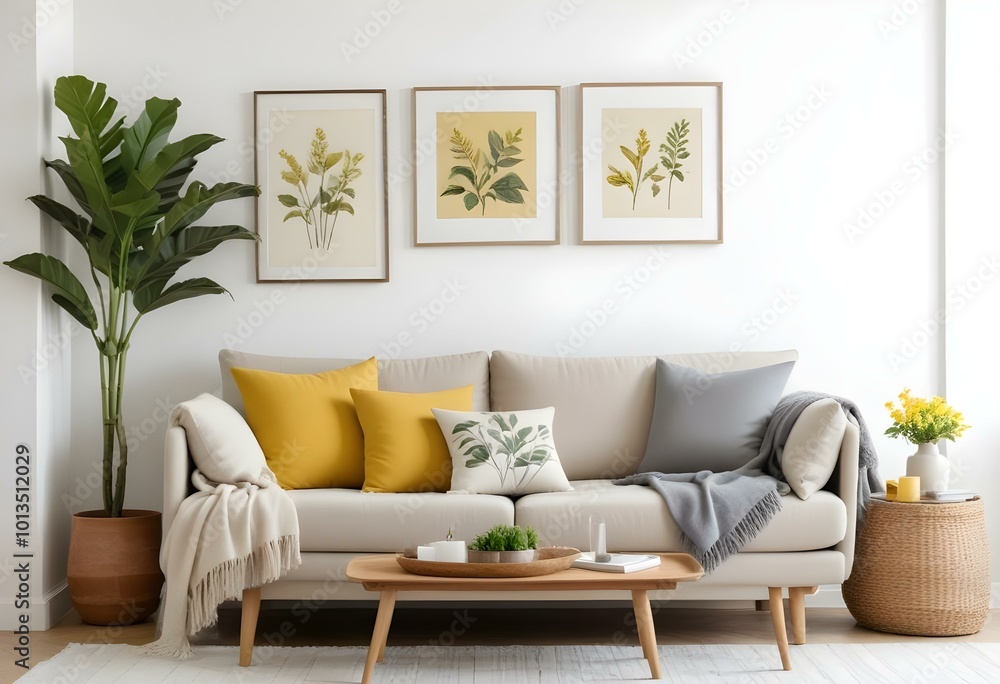 A cozy living room with a beige sofa, gray throw blankets, and yellow accent pillows. The walls are decorated with framed botanical prints. A cozy living room with a beige sofa, gray throw blankets, and yellow accent pillows. The walls are decorated with framed botanical prints.