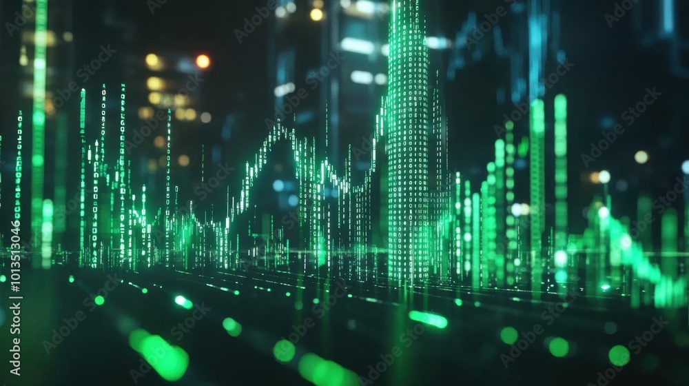 Stock market data visualization with candlestick graph, green upward trend, and digital lines representing financial growth and investment gains. Stock market data visualization with candlestick graph, green upward trend, and digital lines representing financial growth and investment gains.