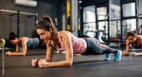 Determined Young Woman Doing Plank Exercise in Modern Gym