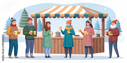 Cozy Flat Vector Illustration of Friends Enjoying Hot Chocolate Together at a Winter Market - Warm Candid Moment Captured