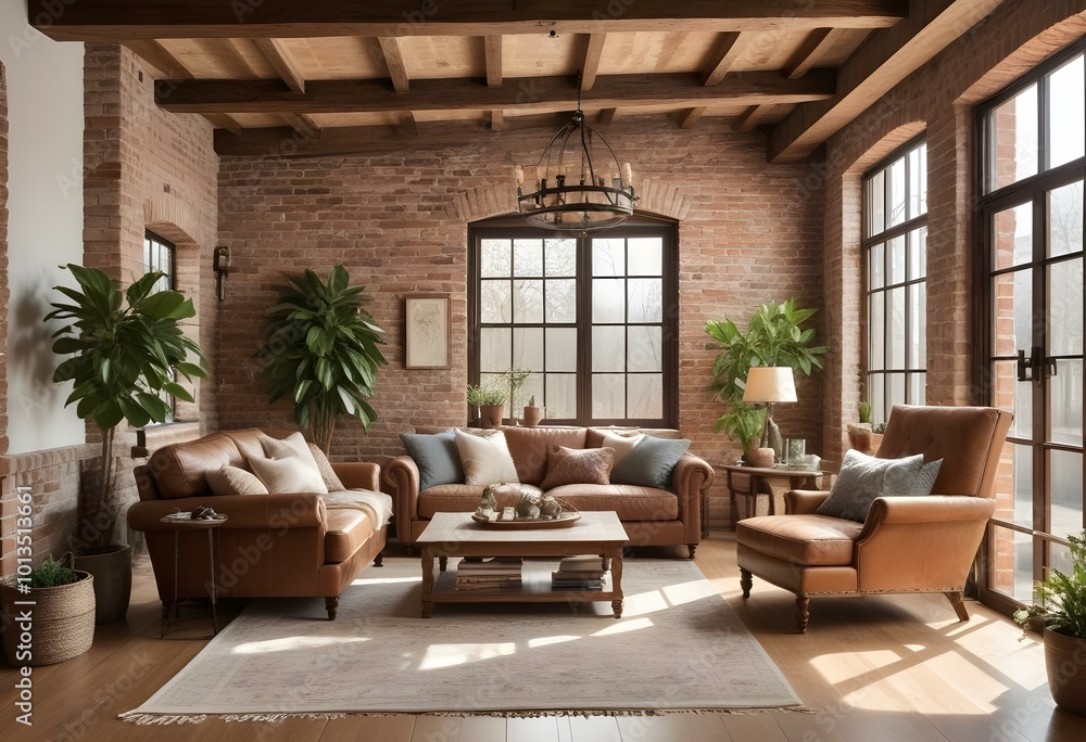 A rustic and cozy living room with exposed wooden beams, brick walls, and large windows that let in natural light. A rustic and cozy living room with exposed wooden beams, brick walls, and large windows that let in natural light.