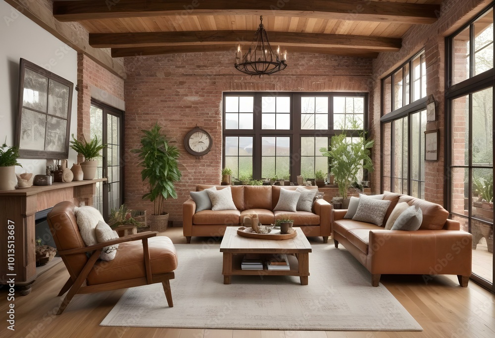 A rustic and cozy living room with exposed wooden beams, brick walls, and large windows that let in natural light. A rustic and cozy living room with exposed wooden beams, brick walls, and large windows that let in natural light.