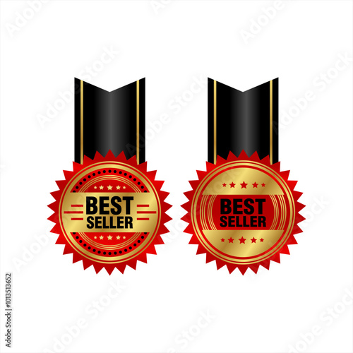 label badge sticker best seller product packaging logo design with medal gold and red ribbon vector illustration	