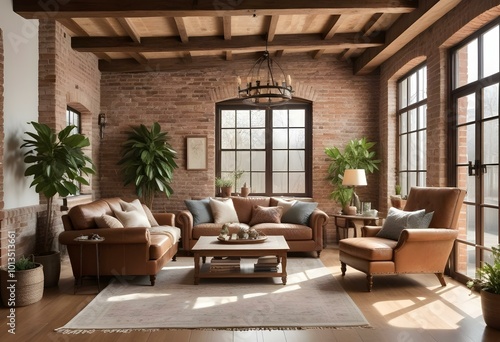 A rustic and cozy living room with exposed wooden beams, brick walls, and large windows that let in natural light.