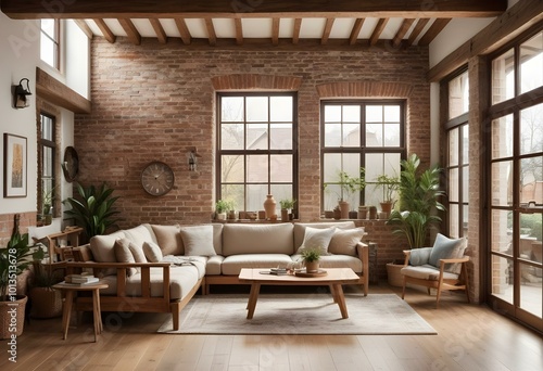 A rustic and cozy living room with exposed wooden beams, brick walls, and large windows that let in natural light.