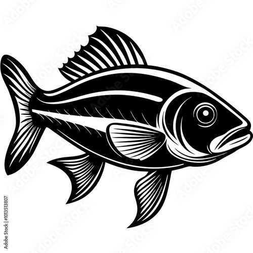 Red snapper isolated vector illustration. Fishing logo of red snapper. Fishing emlem for company or sport club. Marine theme background.