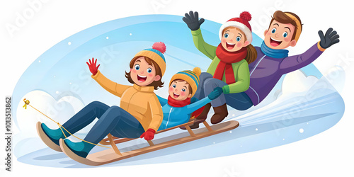 Joyful Family Tobogganing Down Snowy Hill - Candid Moments of Laughter and Fun | Winter Family Promotions Visual