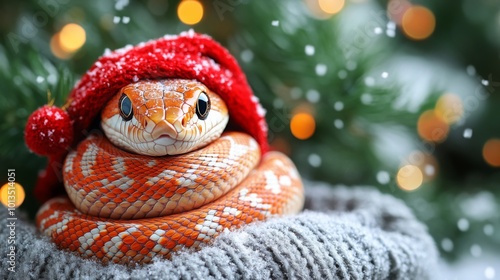 Merry Christmas and Happy New year 2025 with cute snake in xmas hat. Banner with copy space. Animal holidays cozy home party photo.