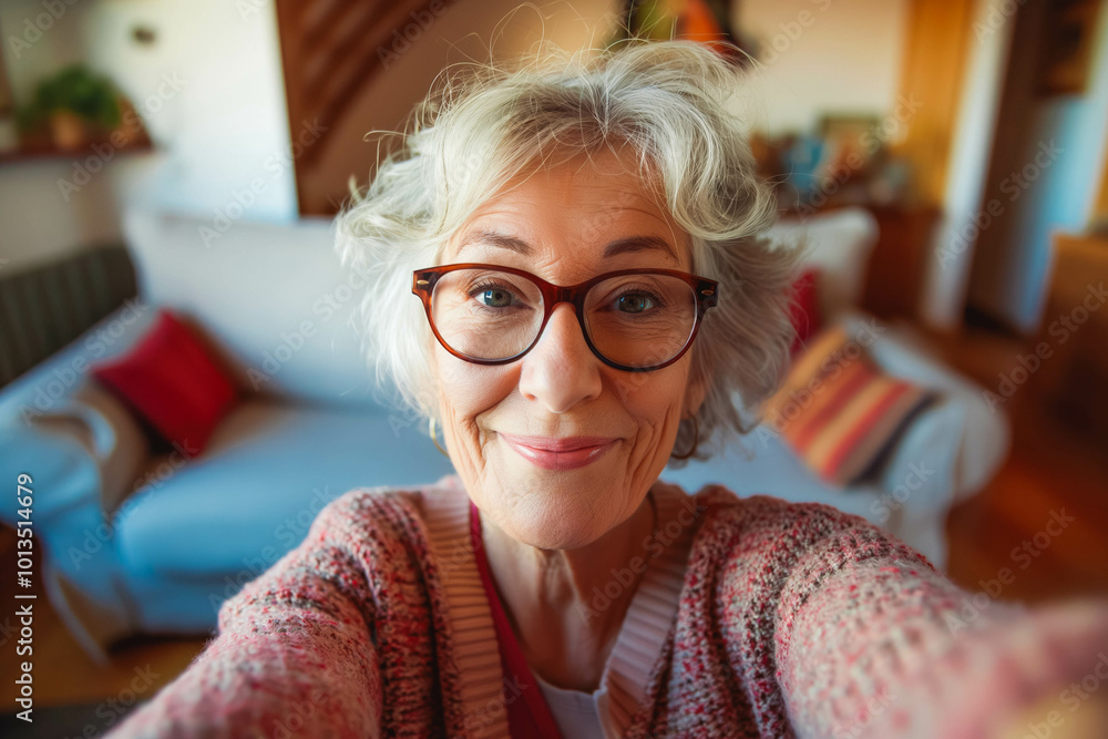 technology, communication and people concept - happy smiling senior woman in glasses taking selfie at home technology, communication and people concept - happy smiling senior woman in glasses taking selfie at home