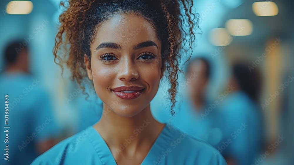 A smiling healthcare worker in scrubs, radiating positivity in a medical environment. A smiling healthcare worker in scrubs, radiating positivity in a medical environment.