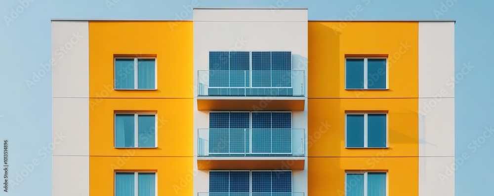 A modern building equipped with solar panels on every level close up Eco-friendly architectural design vibrant Double exposure Building backdrop A modern building equipped with solar panels on every level close up Eco-friendly architectural design vibrant Double exposure Building backdrop