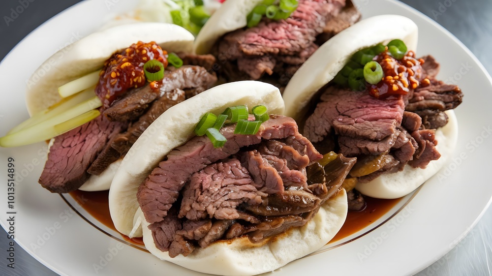 Korean BBQ Bao Buns, Soft bao buns stuffed with tender Korean BBQ beef, pickled vegetables, and spicy gochujang sauce. Korean BBQ Bao Buns, Soft bao buns stuffed with tender Korean BBQ beef, pickled vegetables, and spicy gochujang sauce.