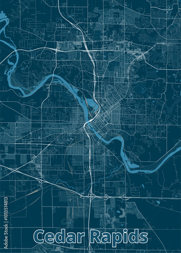 Detailed map of Cedar Rapids, Iowa, rendered in a minimalist style. The map features a dark blue background with white lines representing streets and roads.