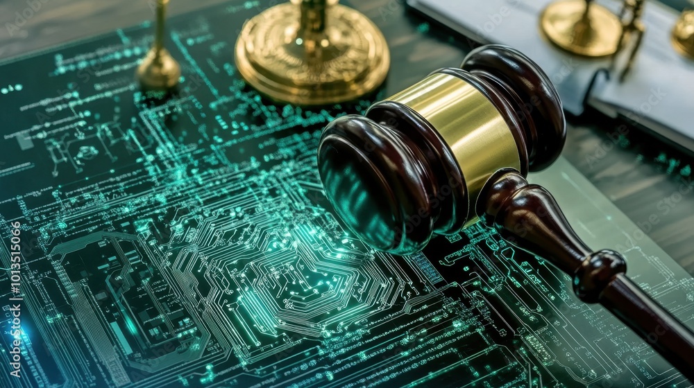 Visual representation of AI codes of ethics, with AI algorithm patterns surrounding a gavel and legal document, symbolizing regulation and ethical responsibility. Visual representation of AI codes of ethics, with AI algorithm patterns surrounding a gavel and legal document, symbolizing regulation and ethical responsibility.