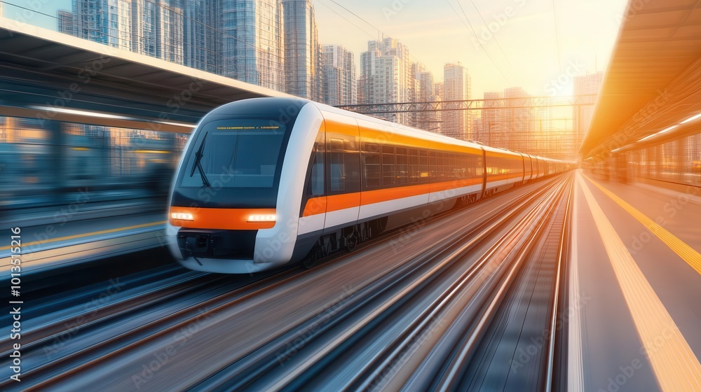 Fototapeta premium Electric trains powered by renewable energy traveling through a futuristic city close up Clean energy powering urban transportation futuristic Double exposure Train station