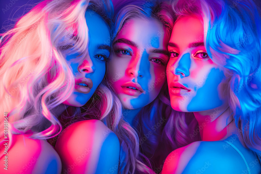 Three beautiful girls with hair coloring in blond. Stylish hairstyle curls done in a beauty salon. Beauty, cosmetics and makeup . Beautiful girl in a neon light, blue and violet colors Three beautiful girls with hair coloring in blond. Stylish hairstyle curls done in a beauty salon. Beauty, cosmetics and makeup . Beautiful girl in a neon light, blue and violet colors