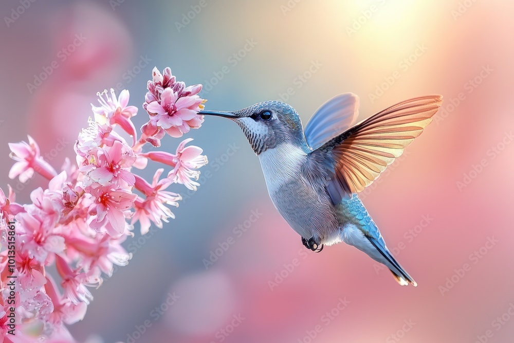 Naklejka premium Delicate Close-up of a Hummingbird Pollinating Pink Flowers in Soft Sunset Light