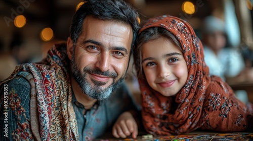 A smiling man and girl with traditional attire, sharing a warm moment together.