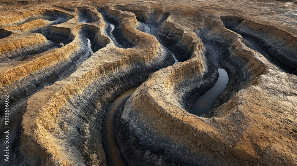 Erosion by rainwater creating winding ravines in a dry, cracked ...