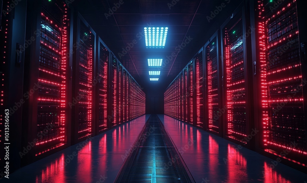 Data Technology Center Server Racks in Dark Room with VFX. Detailed Visualization Concept of Internet of Things, Data Flow, Digitalization of Online Traffic. High Tech Information Storage Data Technology Center Server Racks in Dark Room with VFX. Detailed Visualization Concept of Internet of Things, Data Flow, Digitalization of Online Traffic. High Tech Information Storage